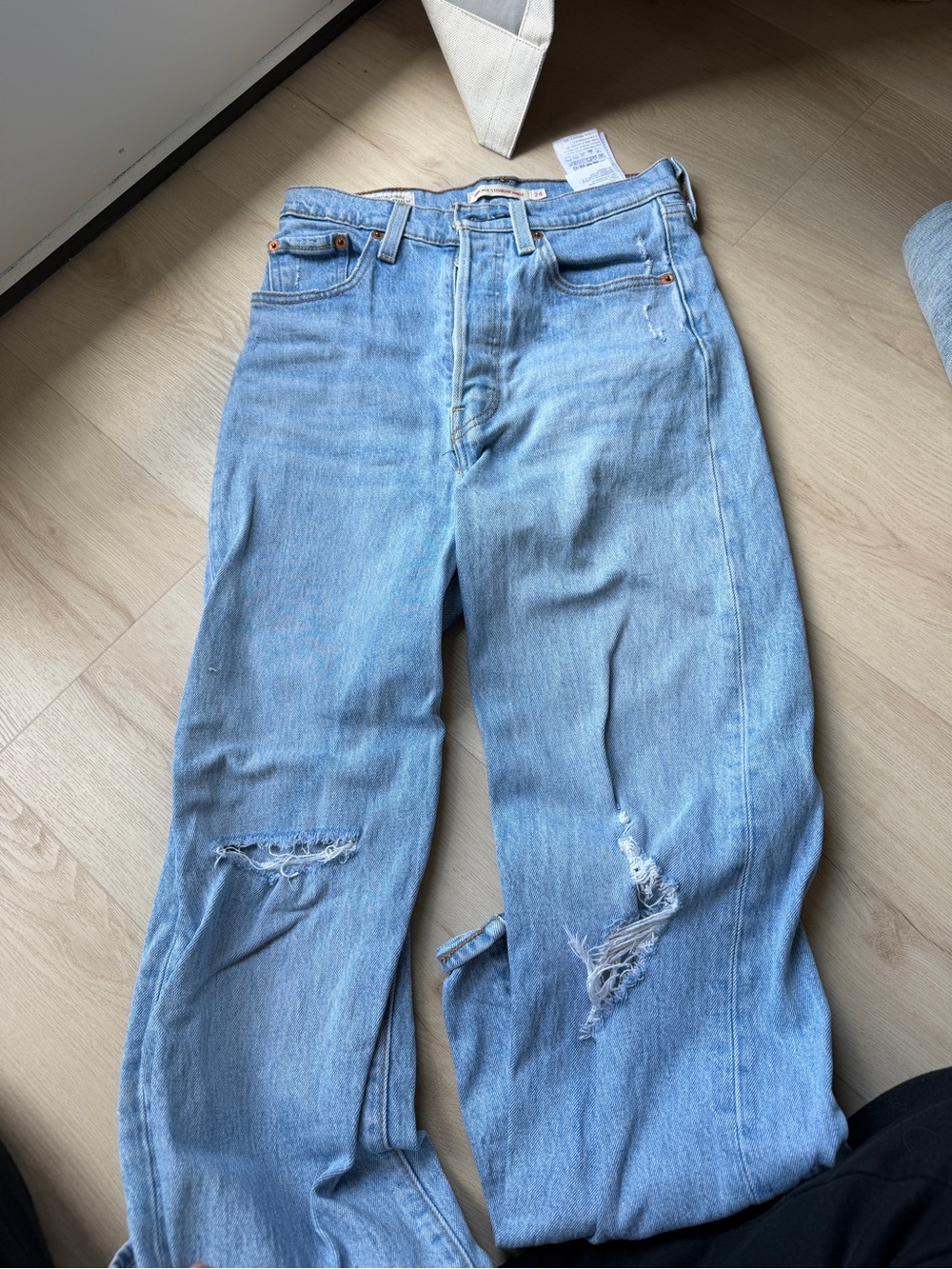 Levi's Size 24 Light Blue Distressed Straight-Leg Jeans (Ribcage Straight Ankle)